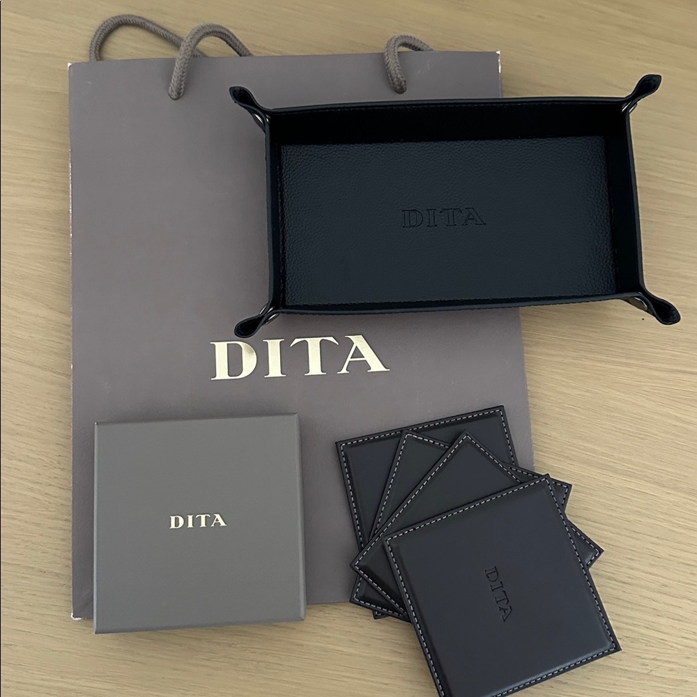 DITA Black Leather Tray with Brown Leather Coasters Gift Set with Gift Bag